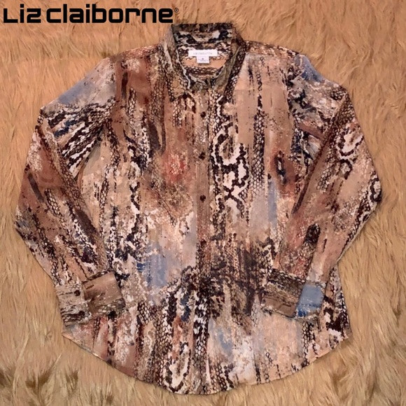 LIZ CLAIBORNE—LONG SLEEVE SHEER SNAKESKIN PRINT TOP—GORGEOUS!! EUC/LIKE NEW!! - Picture 1 of 9